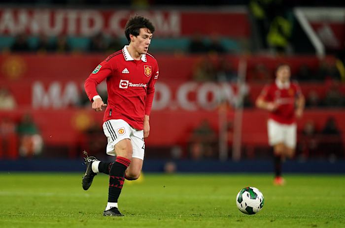 Facundo Pellistri pictured during his Manchester United debut in January 2023 in an EFL Cup game against Charlton